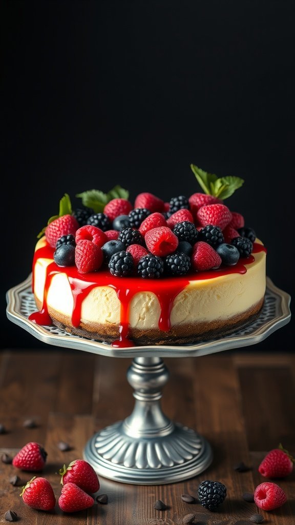 Gourmet cheesecake topped with berries and red sauce on a silver cake stand