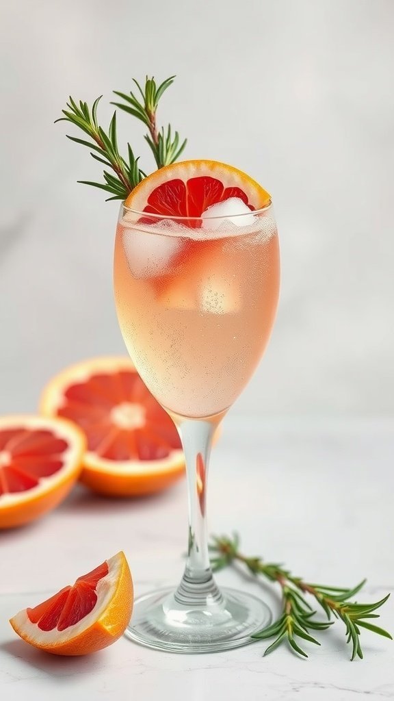 A glass of Grapefruit Rosemary Fizz cocktail garnished with grapefruit and rosemary.