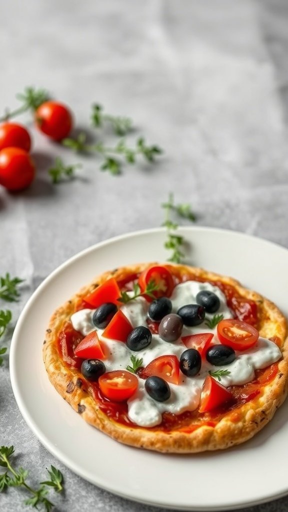 A delicious Greek style pizza topped with cherry tomatoes, black olives, and tzatziki on a white plate.