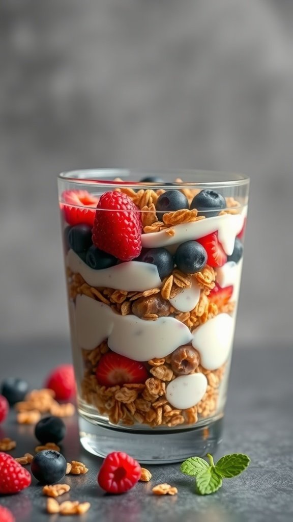A glass of Greek yogurt parfait layered with granola, blueberries, and raspberries.