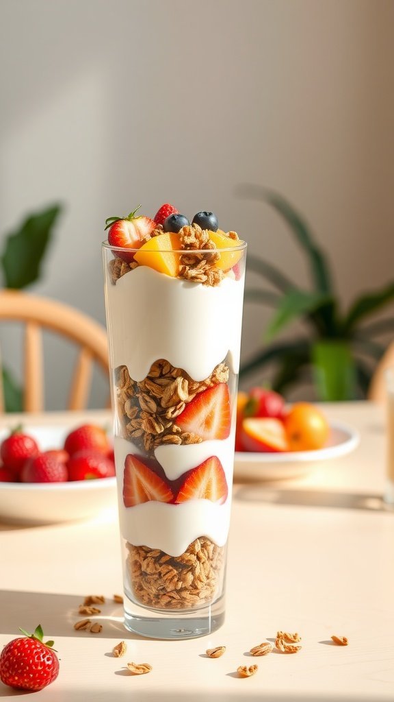 A delicious Greek yogurt parfait with granola and fresh fruits.