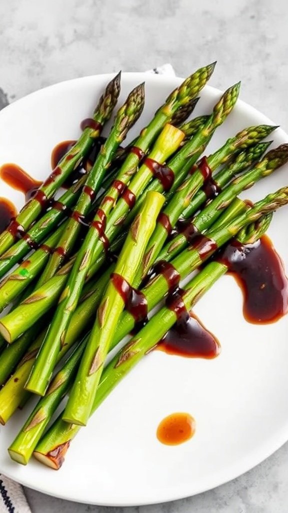 Grilled asparagus drizzled with balsamic glaze on a plate.