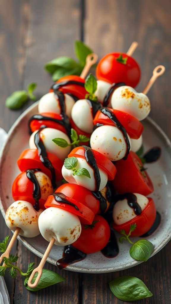 A plate of grilled Caprese skewers with tomatoes, mozzarella, and basil drizzled with balsamic glaze.