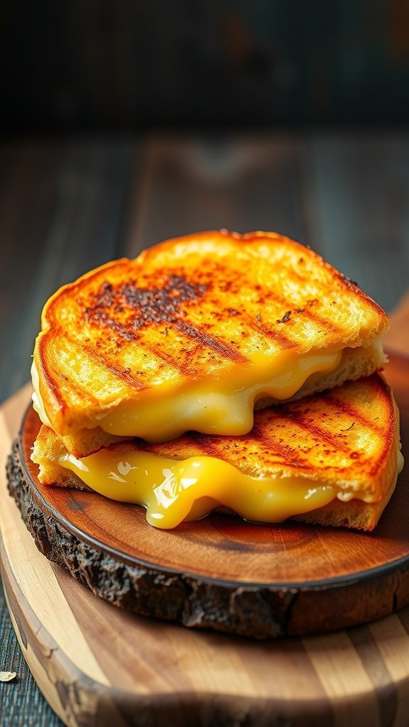 A delicious grilled cheese sandwich with garlic butter, showcasing melted cheese between two perfectly toasted slices of bread on a wooden plate.