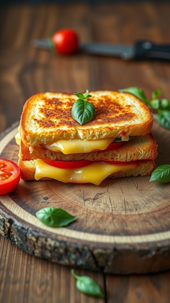 A delicious grilled cheese sandwich with tomato and basil, placed on a wooden cutting board.