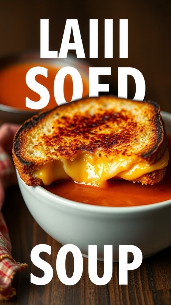 A delicious grilled cheese sandwich resting on a bowl of tomato soup.