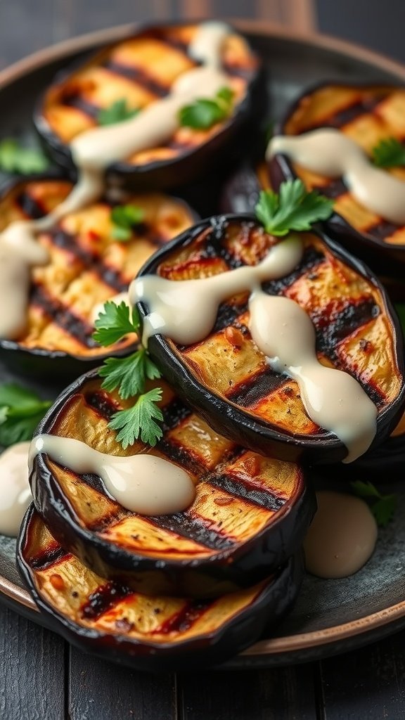 Grilled eggplant slices topped with tahini sauce and parsley on a plate.