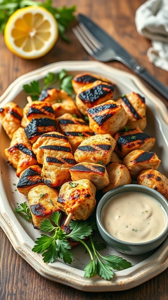 A platter of grilled lemon herb chicken skewers served with a dipping sauce and garnished with fresh parsley and a lemon slice.