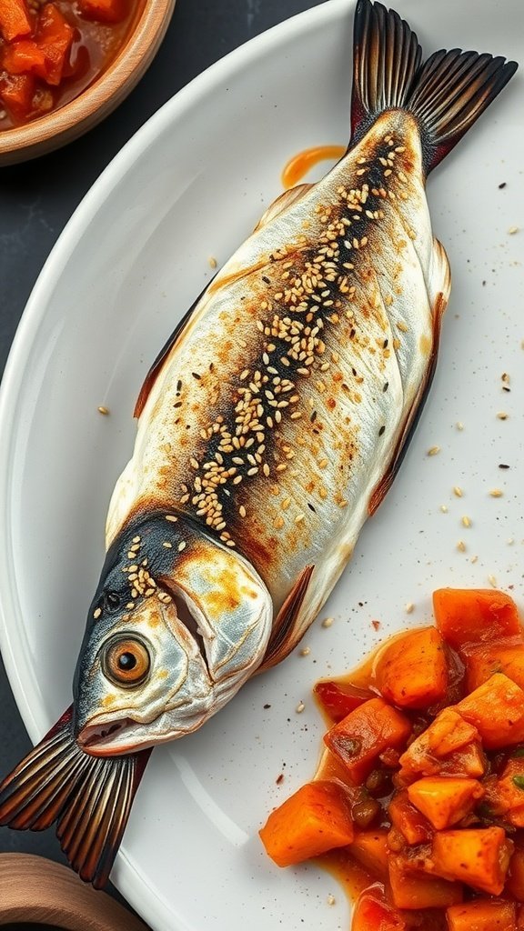 Grilled mackerel on a plate with sesame seeds and a side of diced vegetables