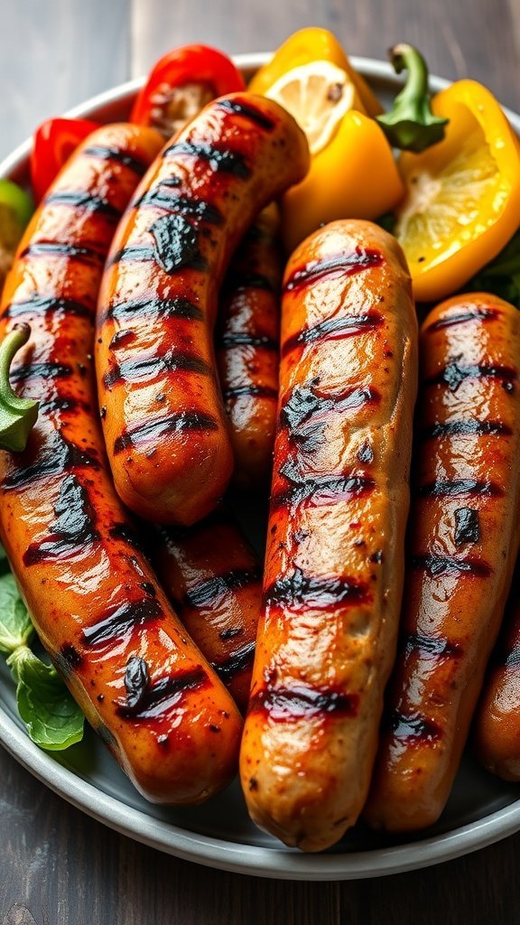 A plate of grilled sausages and colorful bell peppers with lemon slices
