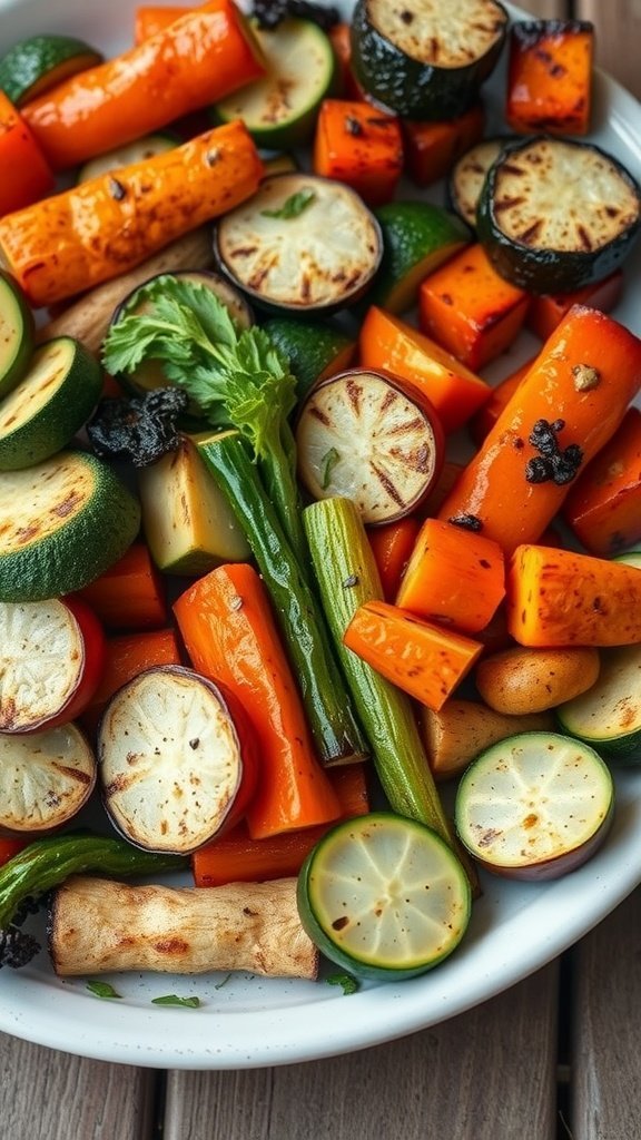 A colorful platter of grilled vegetables including zucchini, carrots, bell peppers, and lemon slices.
