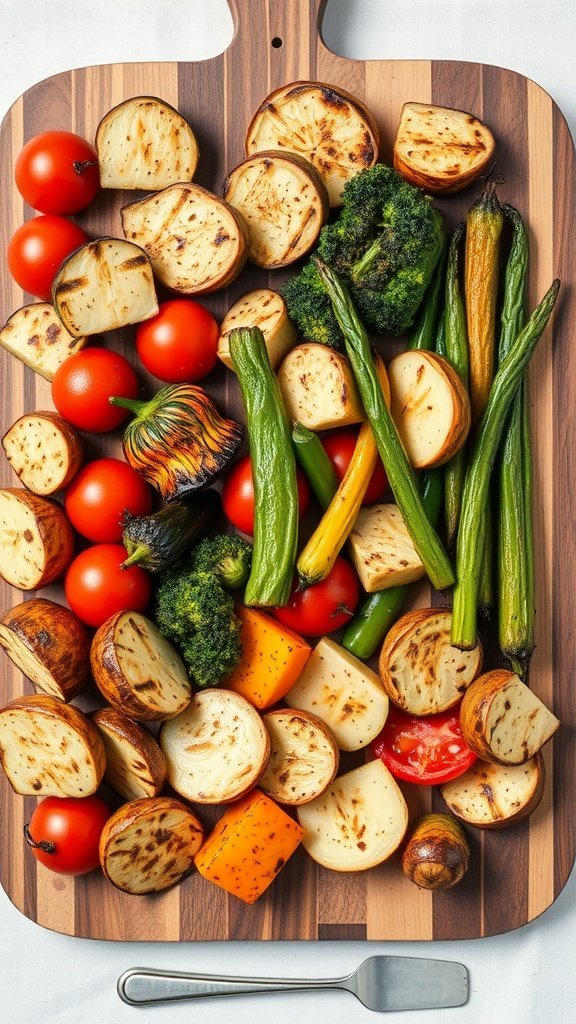 A wooden platter filled with a variety of grilled vegetables, including tomatoes, broccoli, potatoes, and peppers.