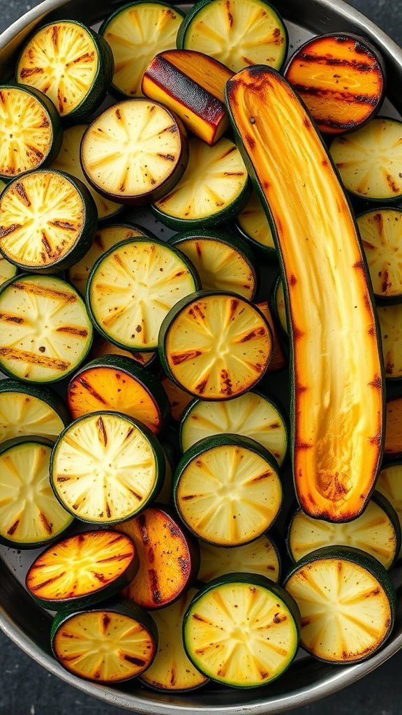 A close-up of sliced grilled zucchini and squash in a bowl, showing their charred and tender texture.