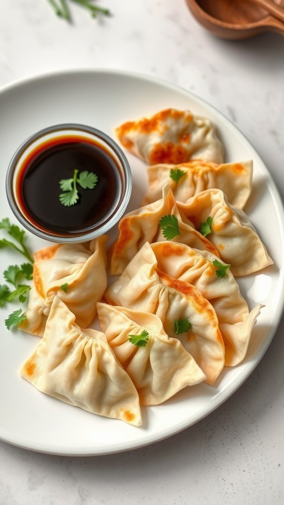 A plate of pan-fried gyoza dumplings with dipping sauce and garnished with cilantro.