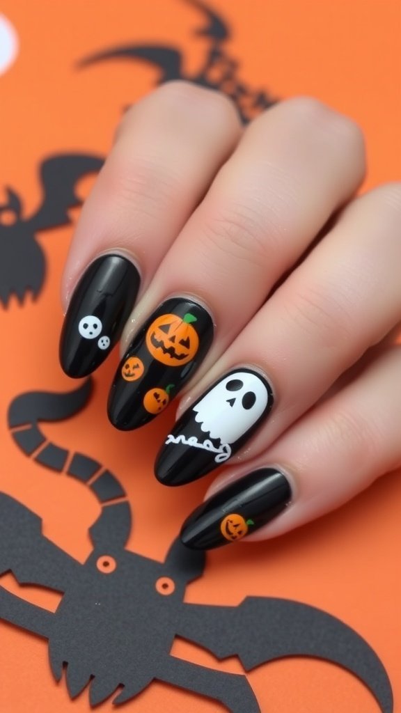 Halloween-themed black nails with spooky designs including a pumpkin, skull, and spider.