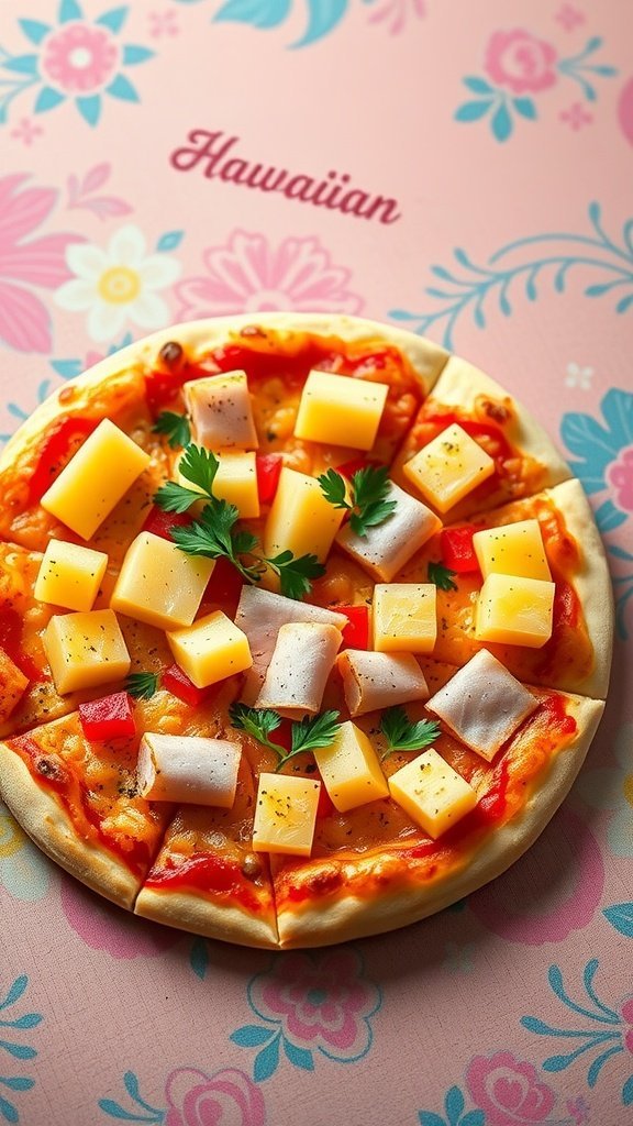 A delicious Hawaiian Luau Delight pizza topped with ham, pineapple, and red peppers on a floral background.