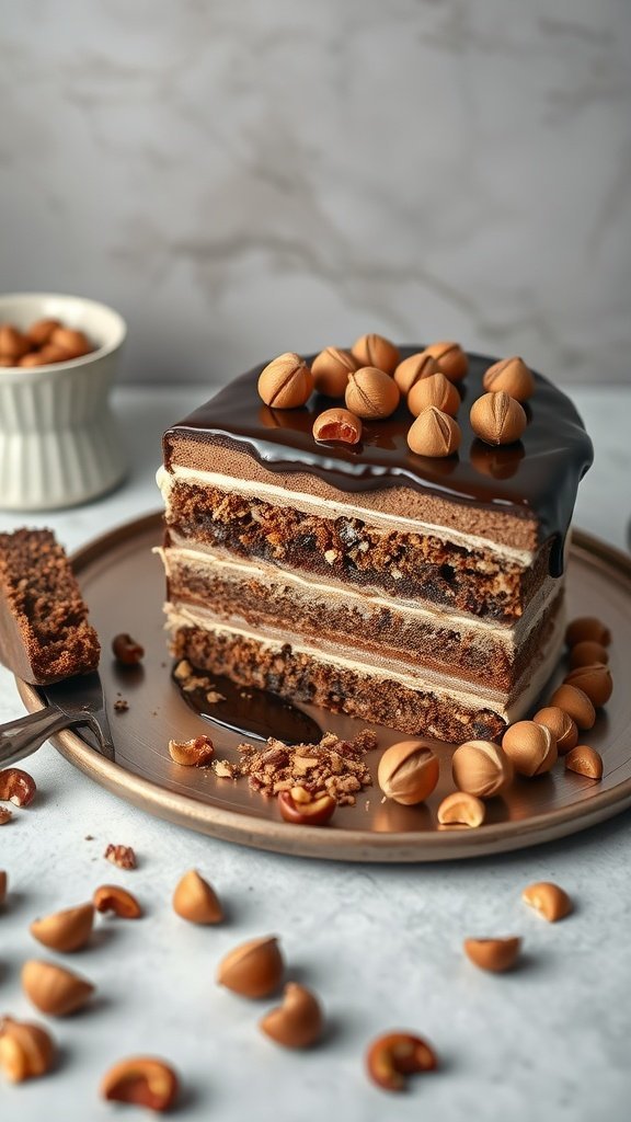 A delicious hazelnut mocha cake with layers of chocolate and coffee frosting, topped with hazelnuts.