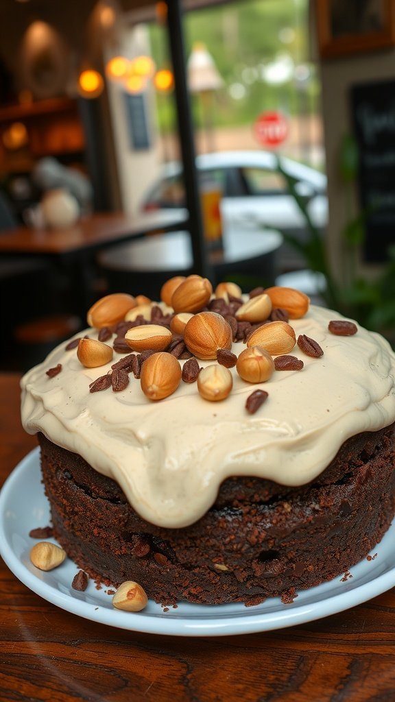 A delicious Hazelnut Mocha Chocolate Cake topped with hazelnuts and coffee beans.