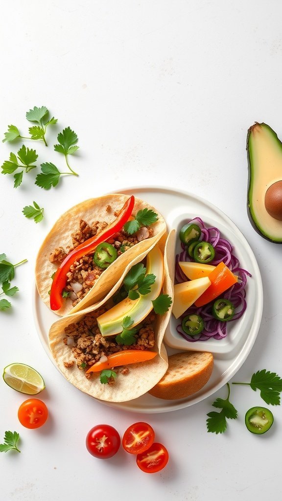 A plate of colorful and healthy tacos with fresh ingredients and garnishes.