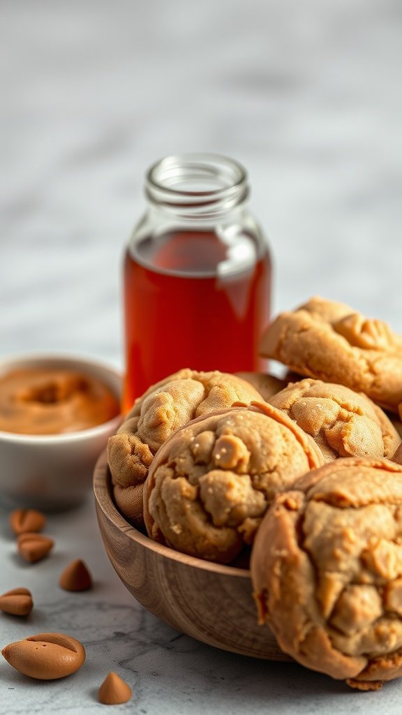 A bowl of peanut butter cookies with a jar of natural sweetener and a bowl of peanut butter.