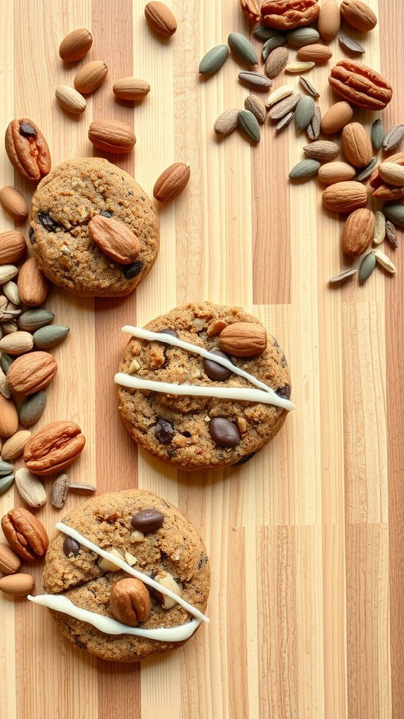 A close-up of healthy no bake energy cookies with nuts and seeds scattered around.