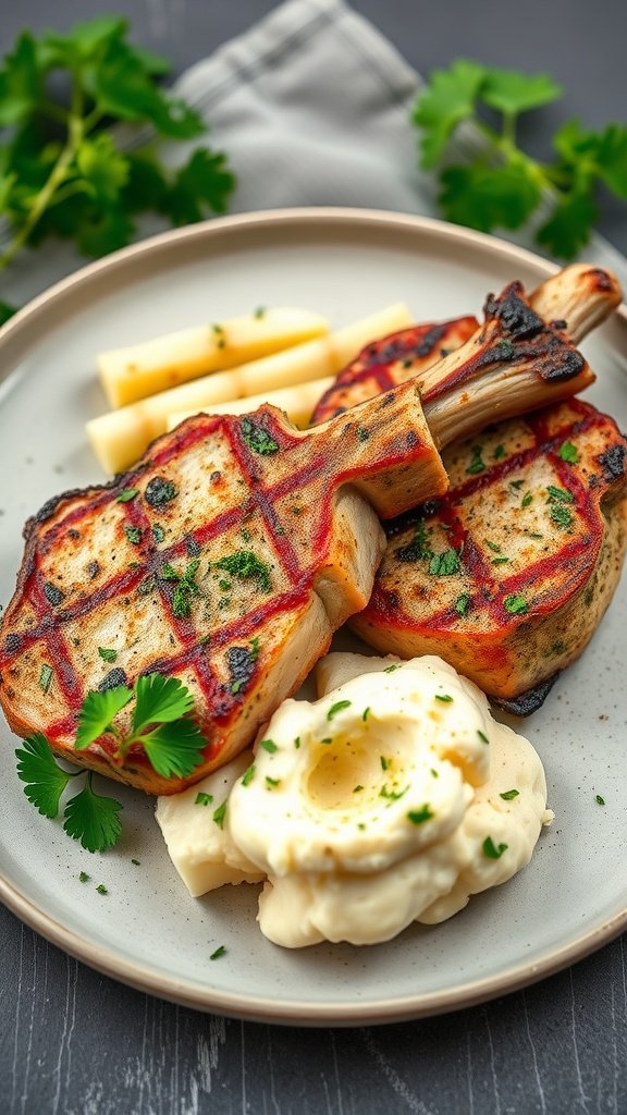 Plate featuring herb-crusted pork chops and garlic mashed potatoes.