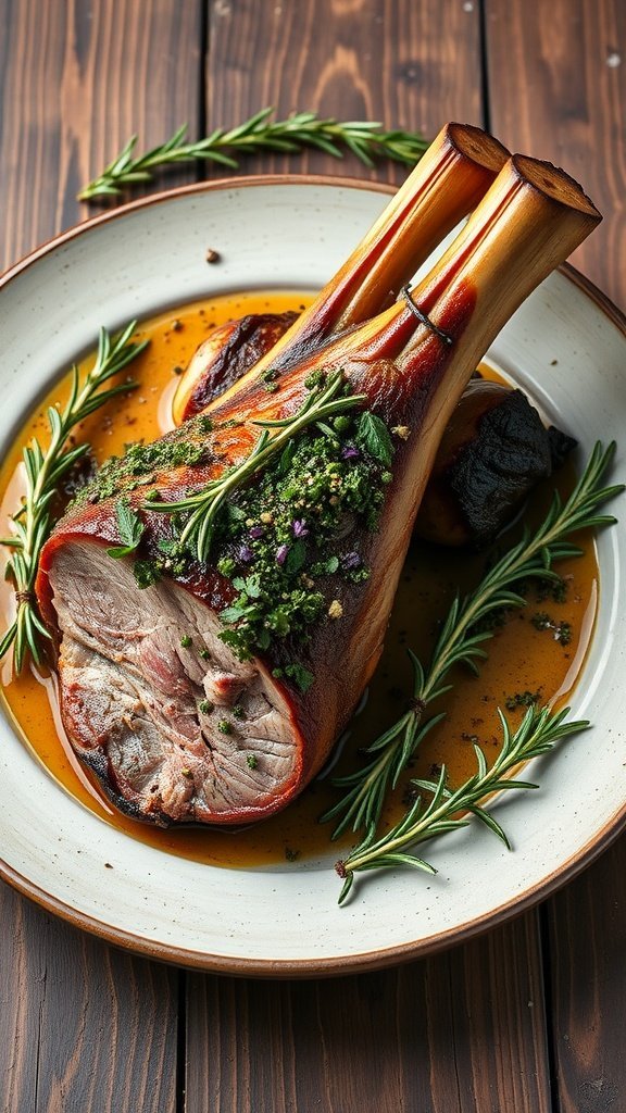 A herb-crusted rack of lamb on a plate with fresh herbs