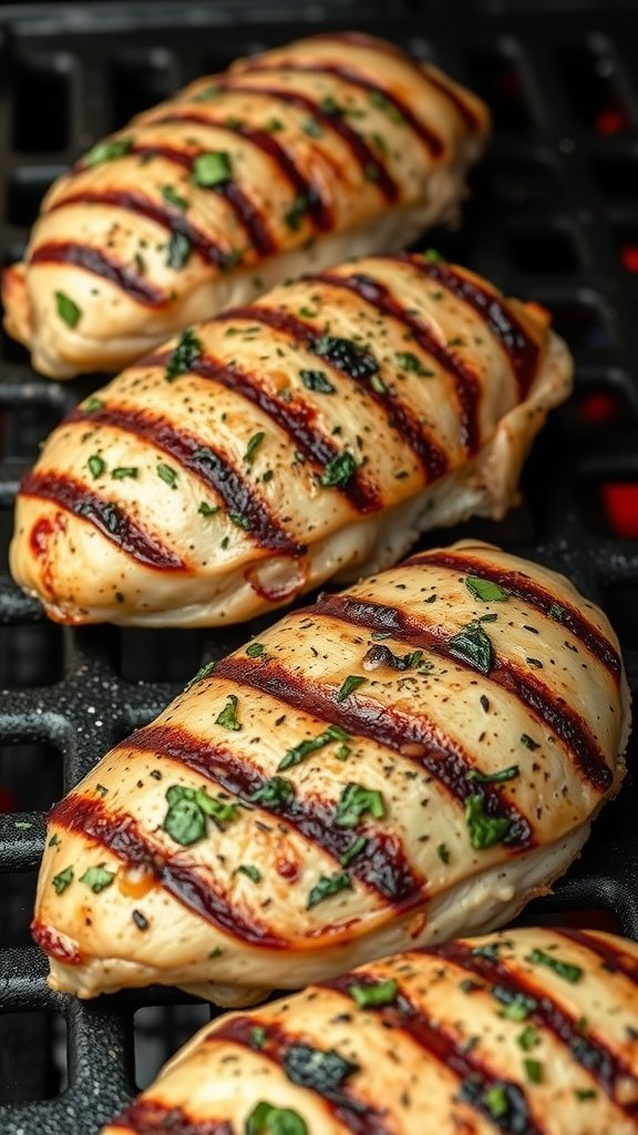 Grilled chicken breasts with herb marinade on a grill