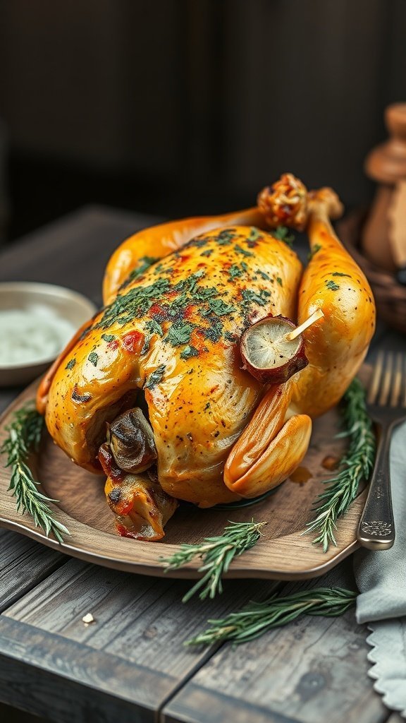 A beautifully roasted chicken seasoned with herbs and garlic, sitting on a wooden plate surrounded by rosemary.