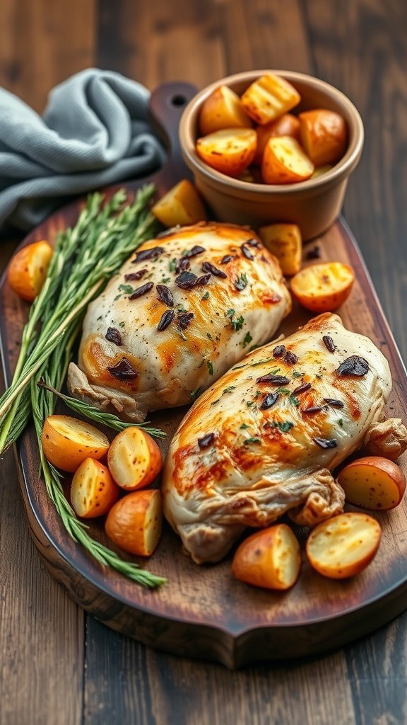A dish featuring herb roasted chicken breasts with potatoes, garnished with fresh herbs on a wooden platter.