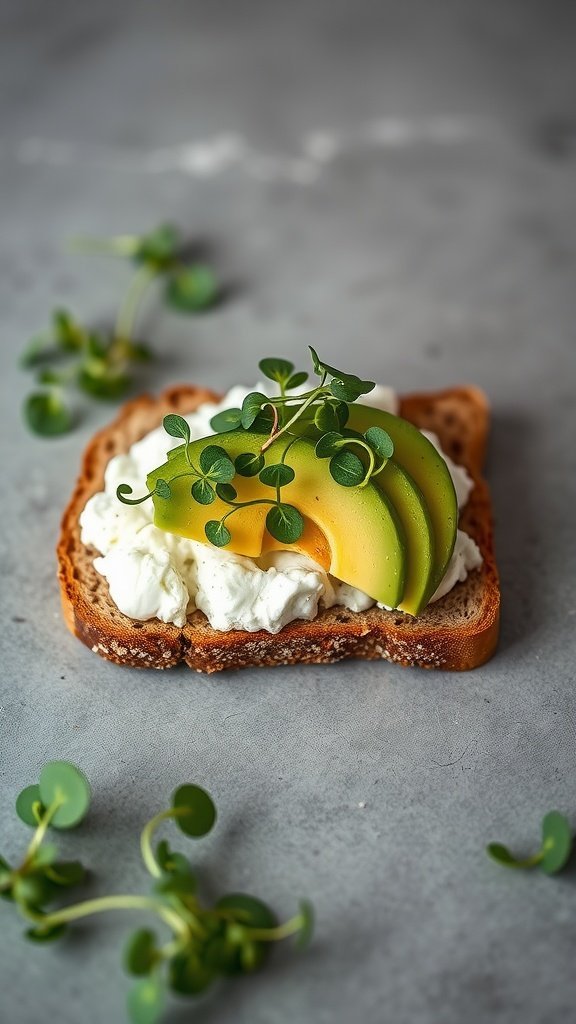 Toast topped with cottage cheese and avocado slices, garnished with microgreens.
