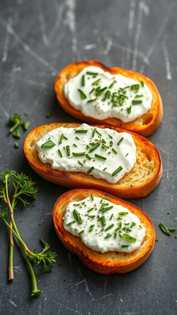 A close-up of herbed goat cheese crostini on a dark surface, topped with fresh herbs.