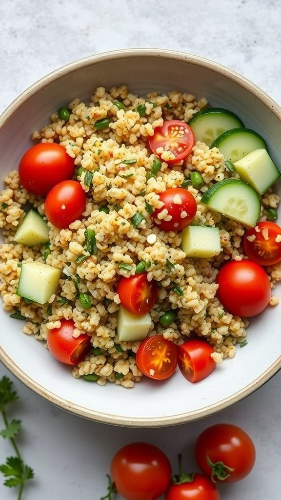 A bowl of herbed quinoa salad with cherry tomatoes, cucumber, and herbs.