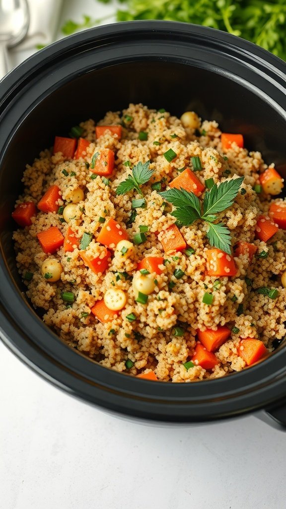A bowl of Herbed Vegetable Quinoa Pilaf with colorful vegetables.