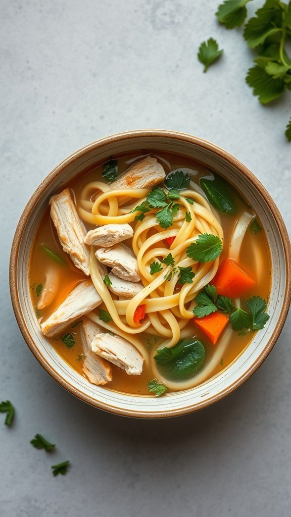 A bowl of homemade chicken noodle soup with chicken, noodles, and vegetables.