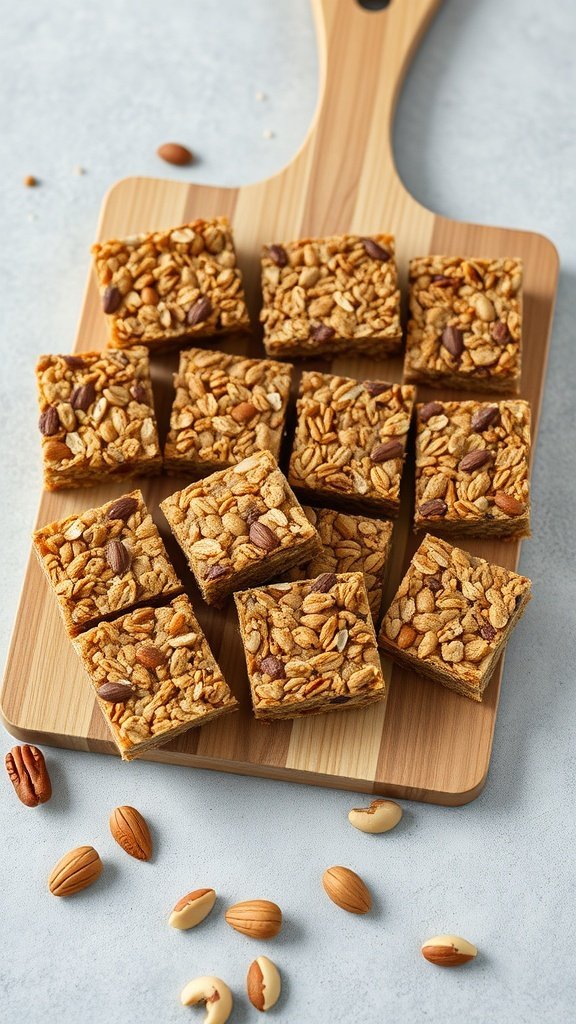 Homemade granola bars cut into squares on a wooden board, surrounded by nuts.