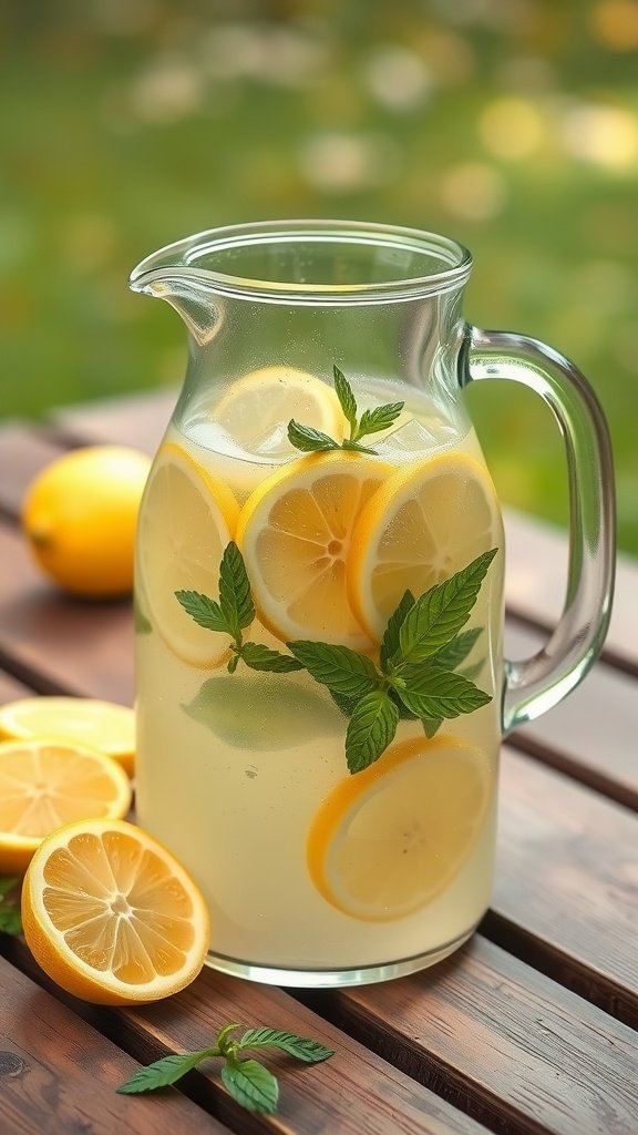 A pitcher of homemade lemonade with lemon slices and mint leaves