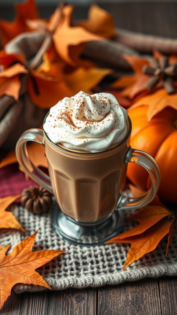 A pumpkin spice latte topped with whipped cream and sprinkled with cinnamon, surrounded by autumn leaves and a pumpkin.