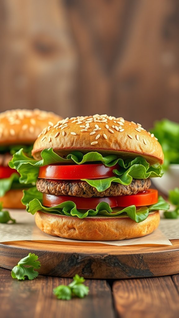 A delicious homemade veggie burger with lettuce and tomato between a sesame seed bun.