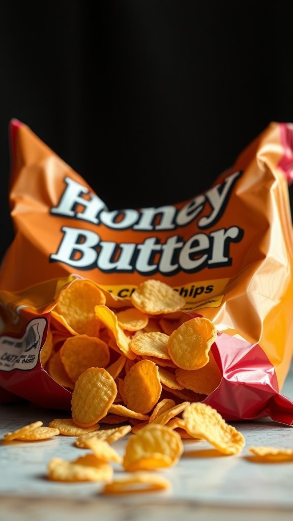 A bag of Honey Butter Chips with chips spilling out.