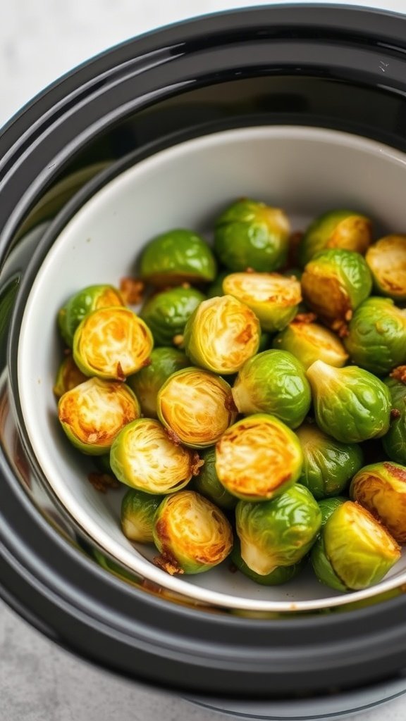 Crock pot with cooked honey garlic Brussels sprouts