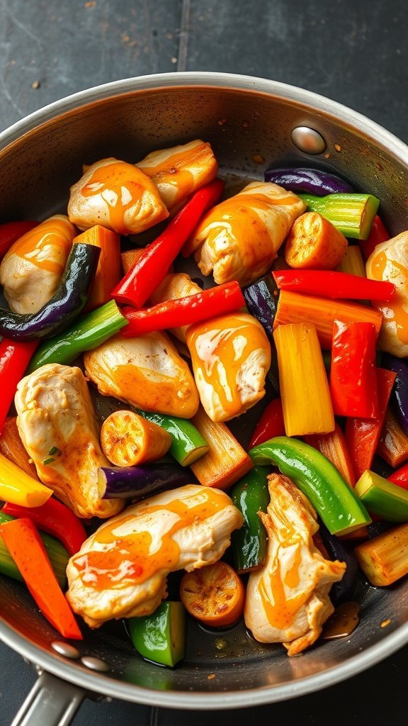 A colorful stir-fry featuring chicken pieces and assorted vegetables in a honey garlic sauce.
