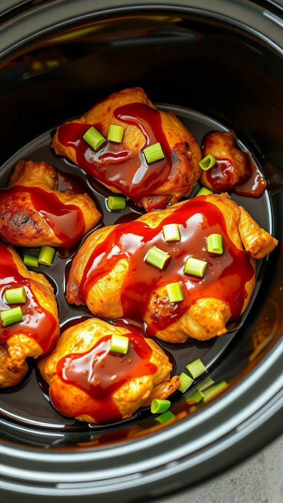 Delicious honey garlic chicken thighs in a crock pot garnished with green onions.