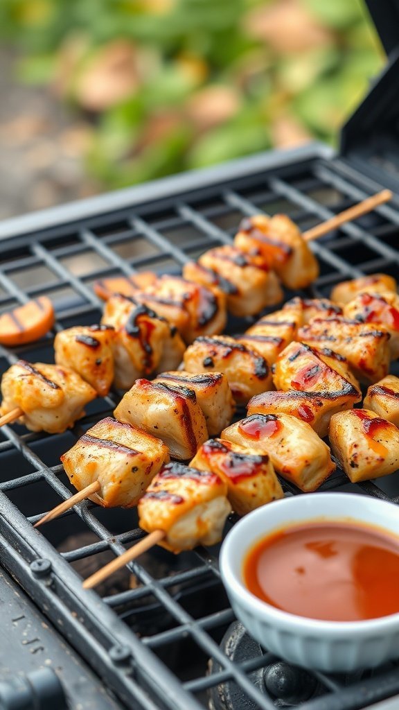 Grilled honey garlic soy chicken skewers on a barbecue grill with a dipping sauce