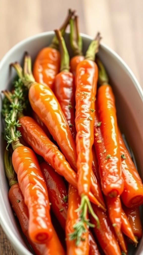 A bowl of honey glazed carrots, shiny and vibrant.