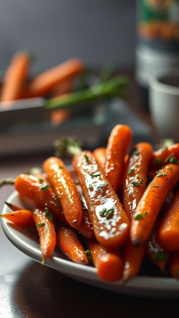 A plate of honey glazed carrots garnished with parsley, showcasing their shiny texture and vibrant color.