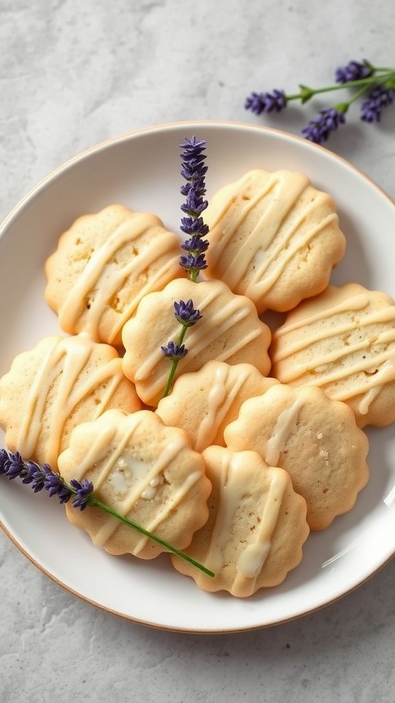 A plate of Honey Lavender Cookies with a drizzle of honey glaze and fresh lavender sprigs