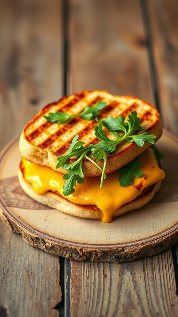 A grilled Honey Mustard Chicken Sandwich with cheese and greens on a wooden plate.