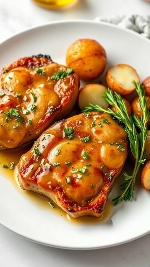 Delicious honey mustard glazed pork chops served with roasted potatoes.