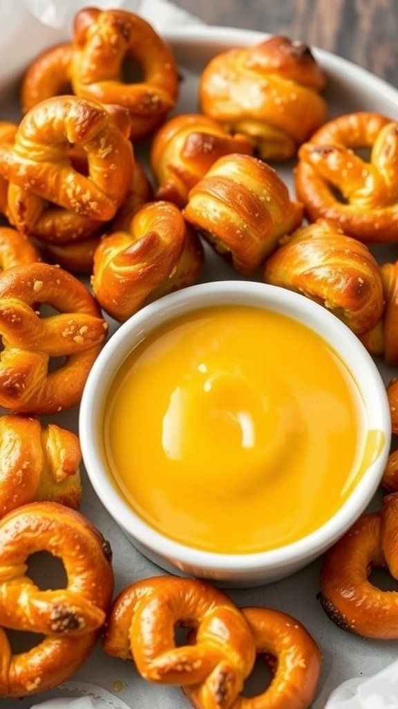 A plate of honey mustard pretzel bites with a small bowl of mustard